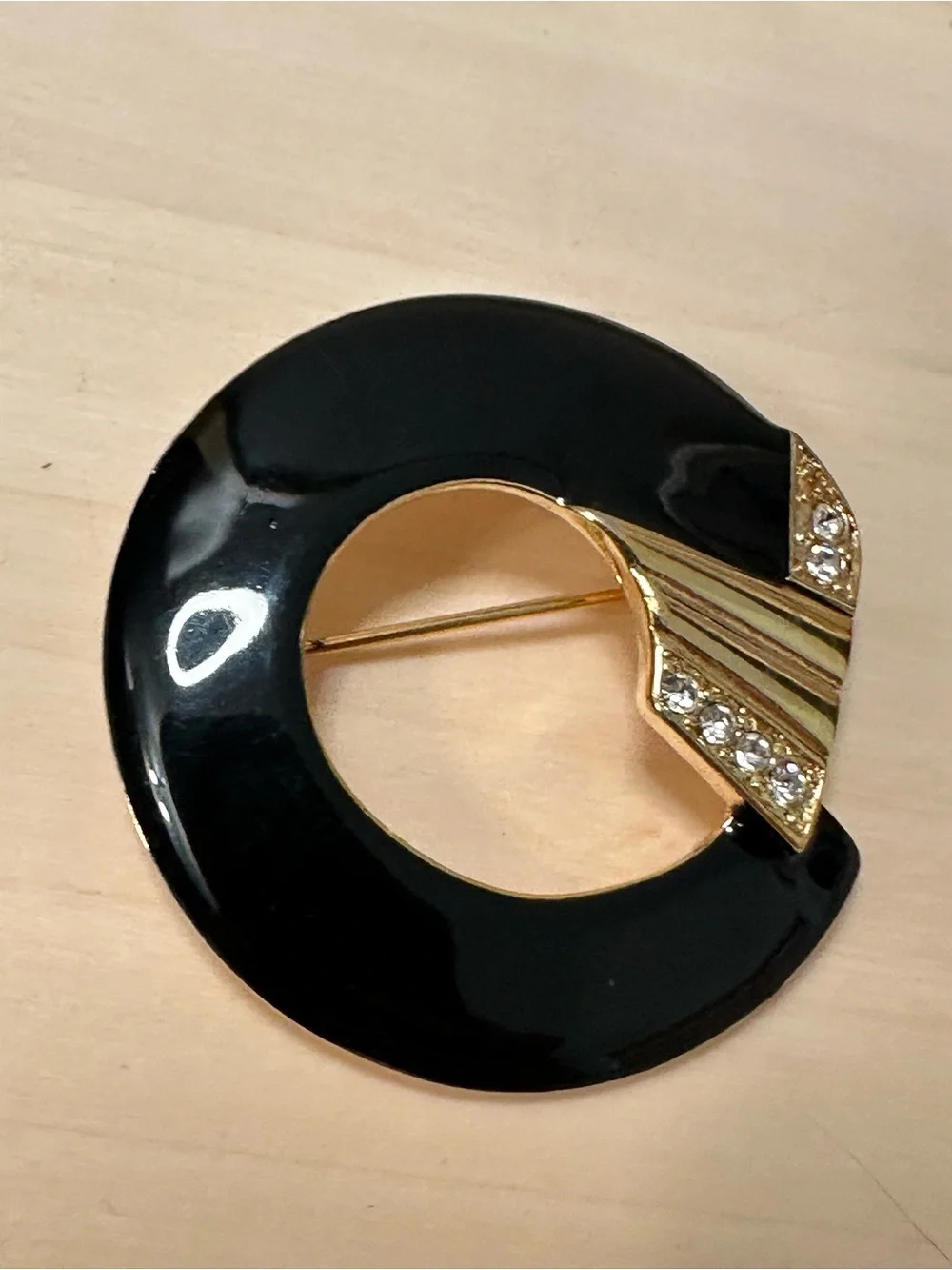 Vintage Monet Black Enamel Rhinestone Art Deco Revival Brooch